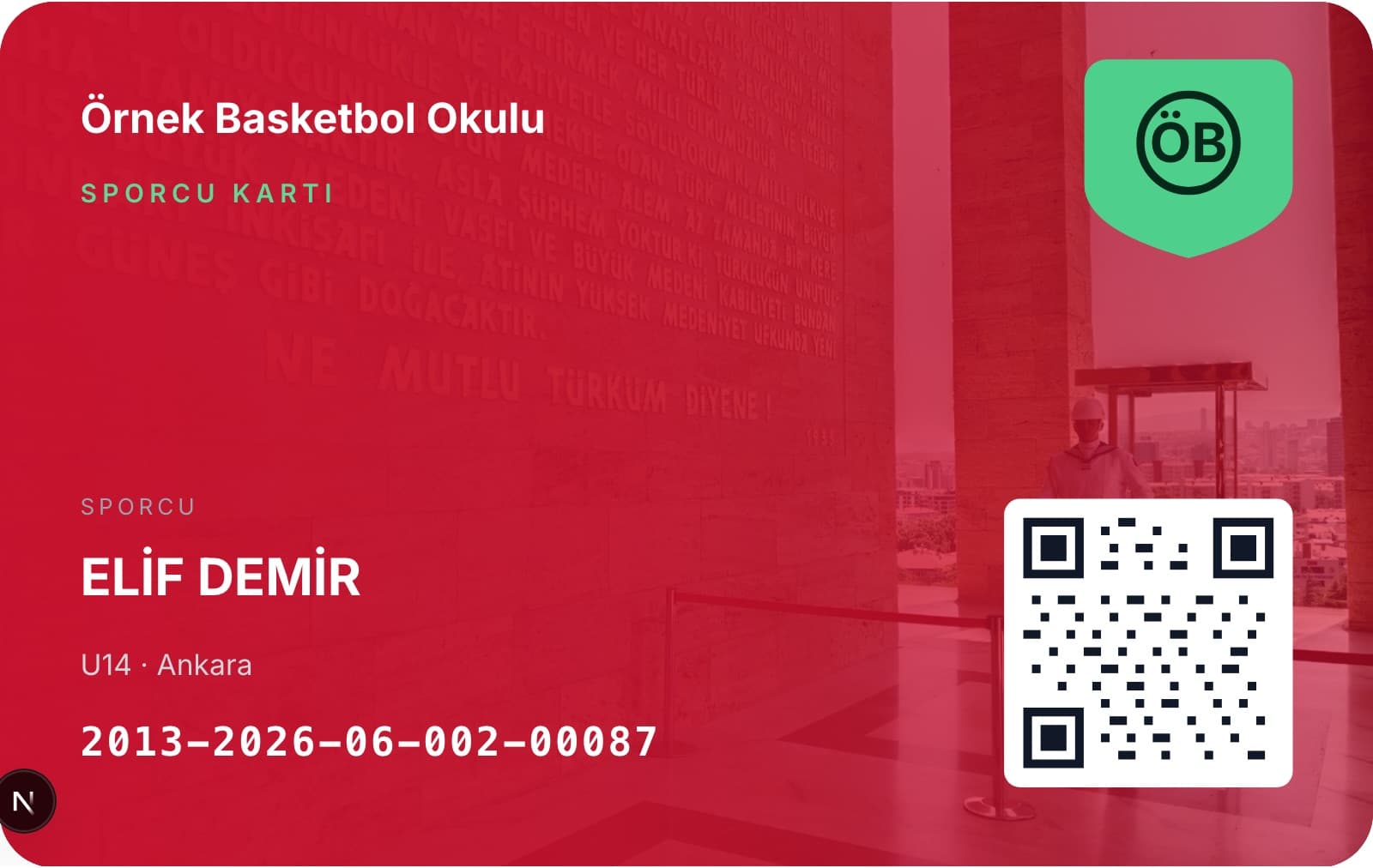 Kırmızı zeminli sporcu kartı, arkasında Ankara görseli