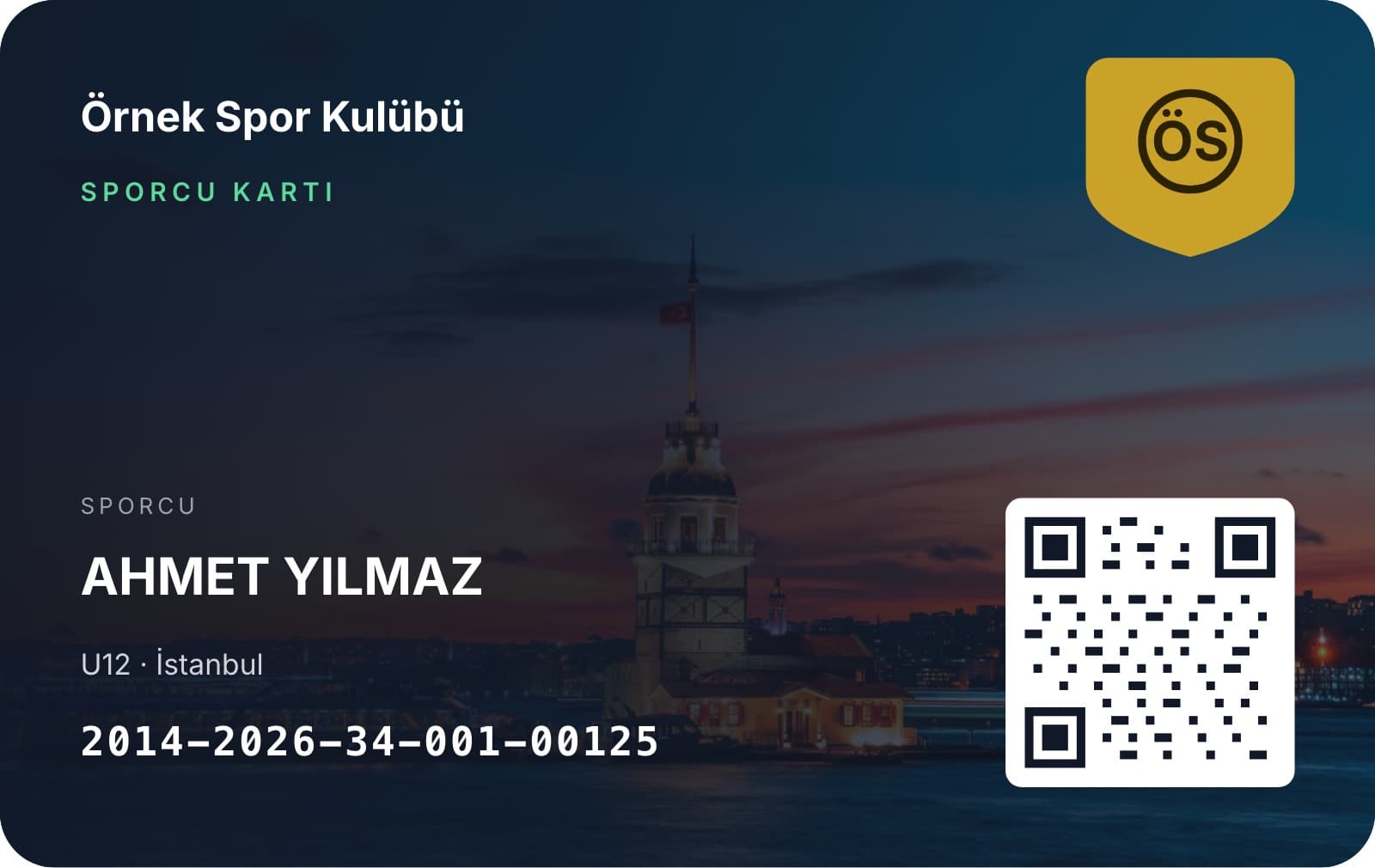 Lacivert zeminli sporcu kartı, arkasında İstanbul görseli