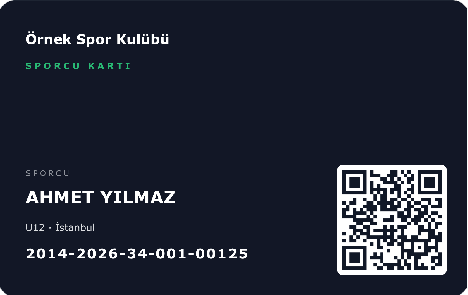 Dijital sporcu kartı: kulüp adı, sporcu adı, takımı, şehri, sporcu numarası ve QR kodu