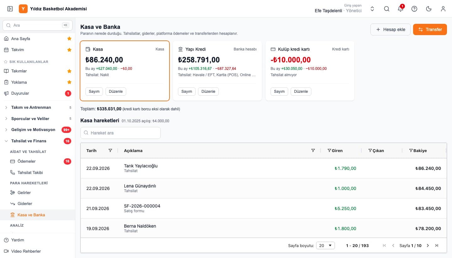 Kasa ve banka ekranı: hesap bakiyeleri ve hareketler